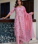 Floral printed  cotton v neck kurta trouser and dupatta set