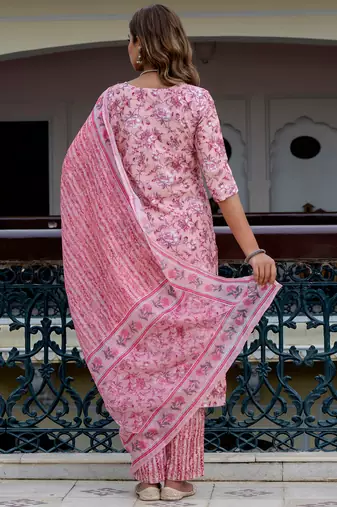 Floral printed  cotton v neck kurta trouser and dupatta set