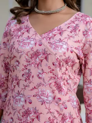 Floral printed  cotton v neck kurta trouser and dupatta set 3