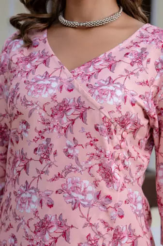 Floral printed  cotton v neck kurta trouser and dupatta set