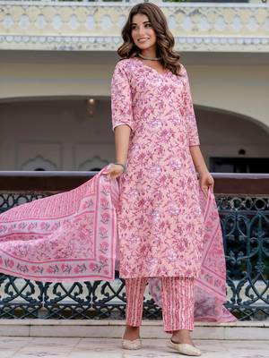 Floral printed  cotton v neck kurta trouser and dupatta set 4