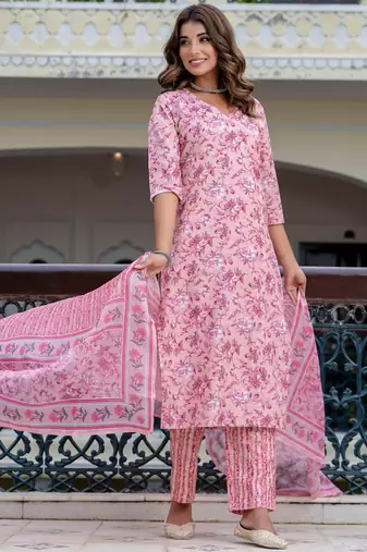 Floral printed  cotton v neck kurta trouser and dupatta set