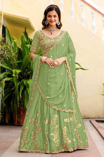 Parrot  Silk blend Embroidered Lehenga Choli