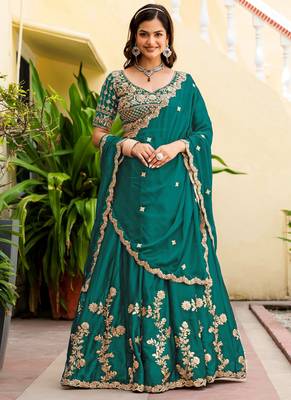 Teal Green Silk blend Thread Embroidered Lehenga Choli 1