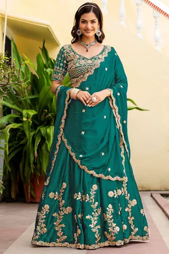 Teal Green Silk blend Thread Embroidered Lehenga Choli
