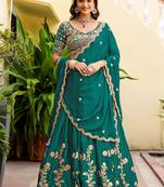 Teal Green Silk blend Thread Embroidered Lehenga Choli