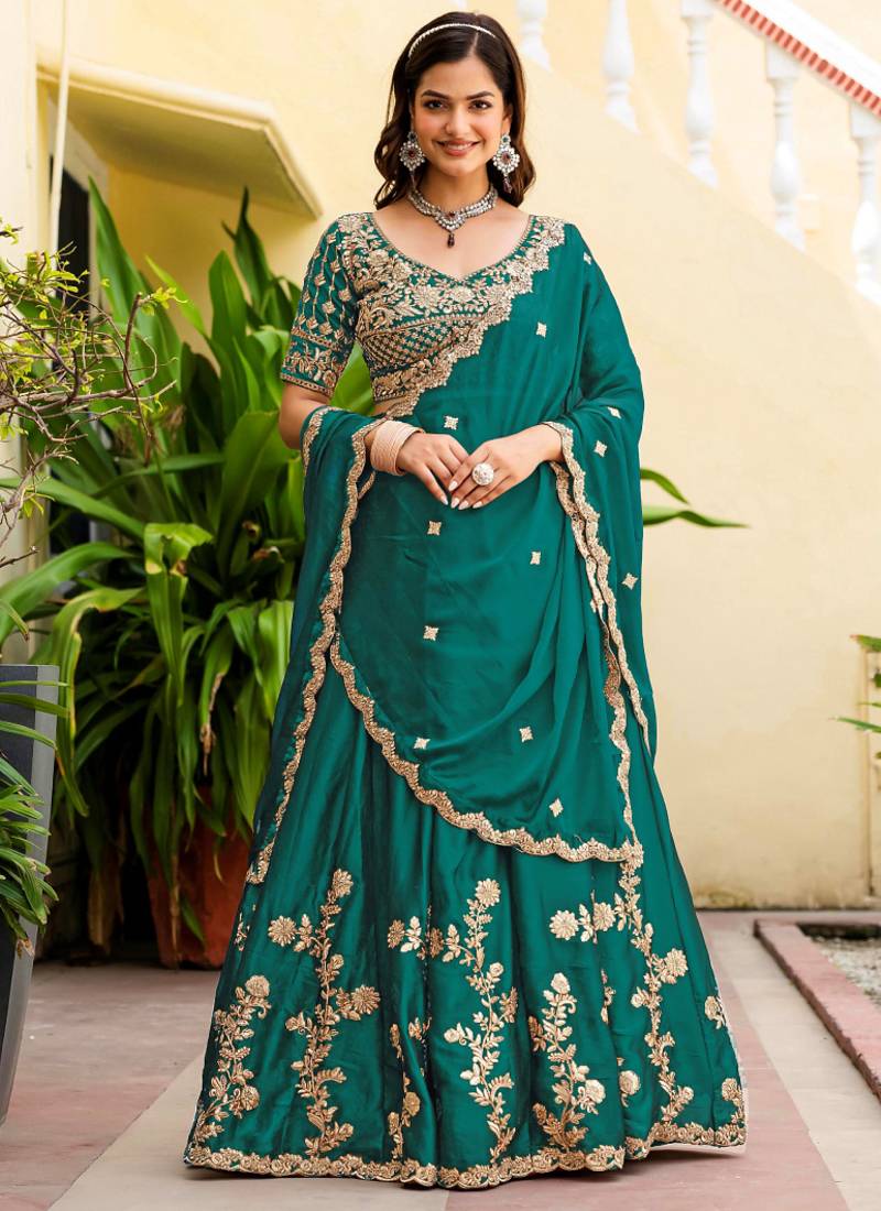 Teal Green Silk blend Thread Embroidered Lehenga Choli