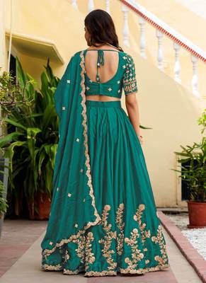 Teal Green Silk blend Thread Embroidered Lehenga Choli 2