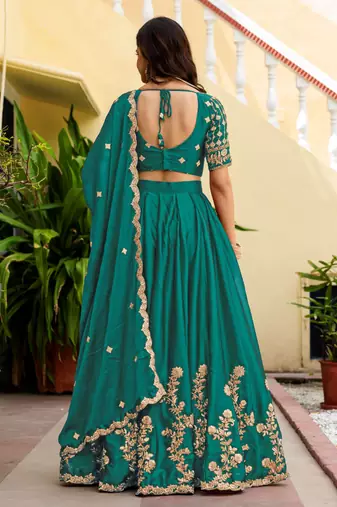 Teal Green Silk blend Thread Embroidered Lehenga Choli