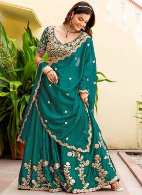 Teal Green Silk blend Thread Embroidered Lehenga Choli 3