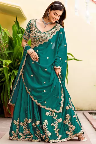 Teal Green Silk blend Thread Embroidered Lehenga Choli