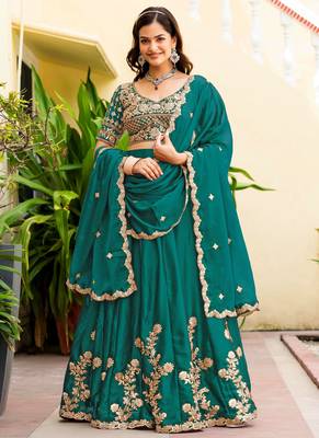 Teal Green Silk blend Thread Embroidered Lehenga Choli 4
