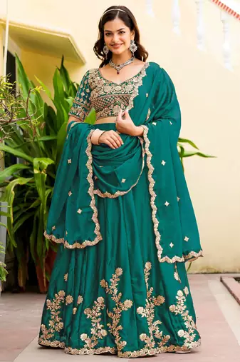 Teal Green Silk blend Thread Embroidered Lehenga Choli