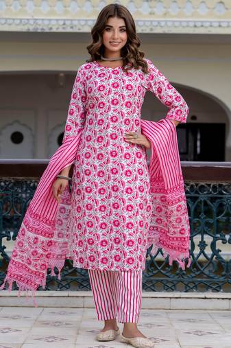 Floral printed  cotton round neck kurta trouser and dupatta set