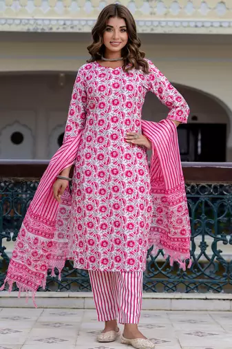 Floral printed pure cotton round neck kurta trouser and dupatta set