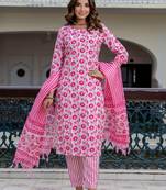 Floral printed pure cotton round neck kurta trouser and dupatta set
