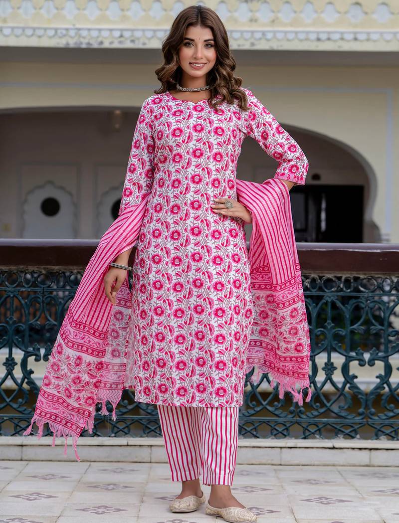 Floral printed pure cotton round neck kurta trouser and dupatta set