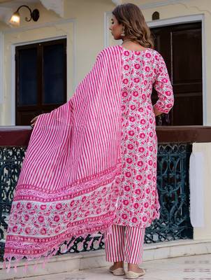 Floral printed  cotton round neck kurta trouser and dupatta set 2