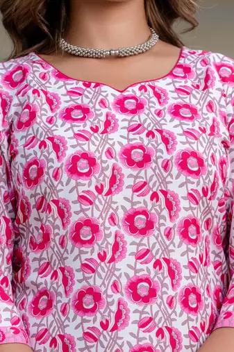 Floral printed  cotton round neck kurta trouser and dupatta set