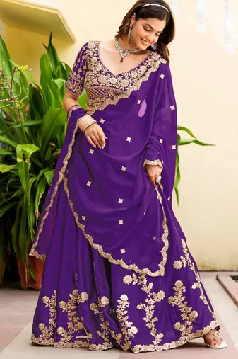Purple  Silk blend Embroidered Lehenga Choli