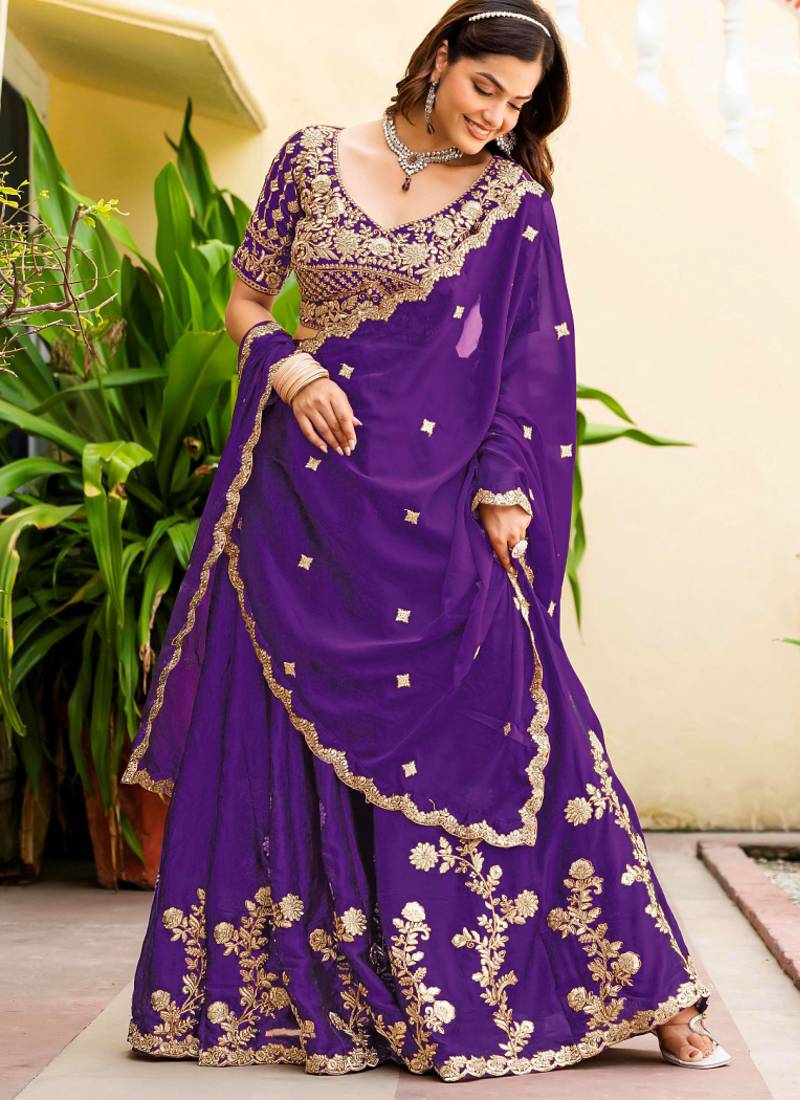Purple  Silk blend Embroidered Lehenga Choli