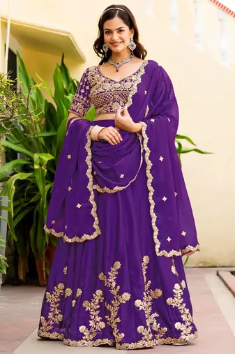Purple  Silk blend Embroidered Lehenga Choli