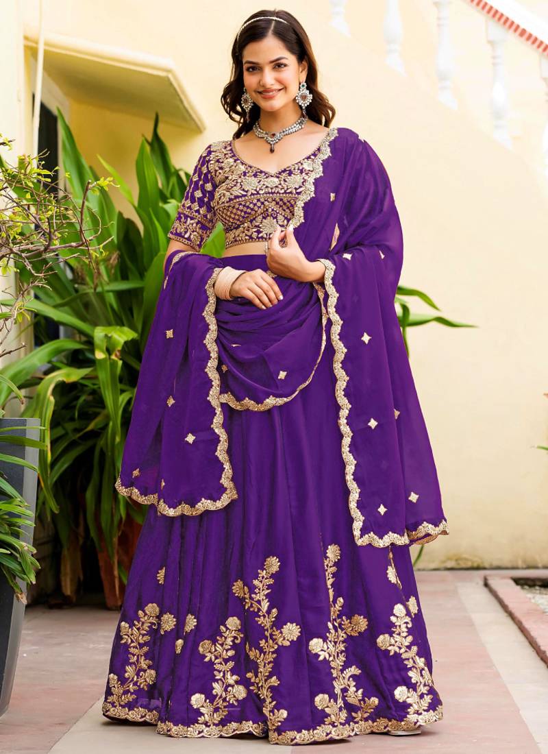 Purple  Silk blend Embroidered Lehenga Choli
