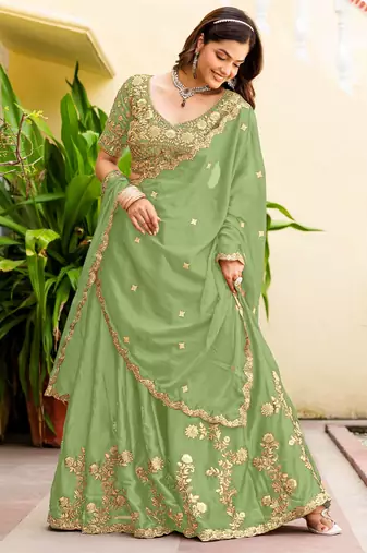 Parrot  Silk blend Embroidered Lehenga Choli