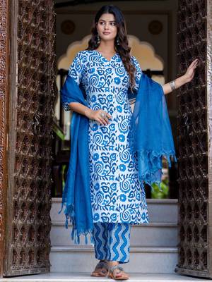 Floral printed  cotton v neck kurta trouser and dupatta set 1