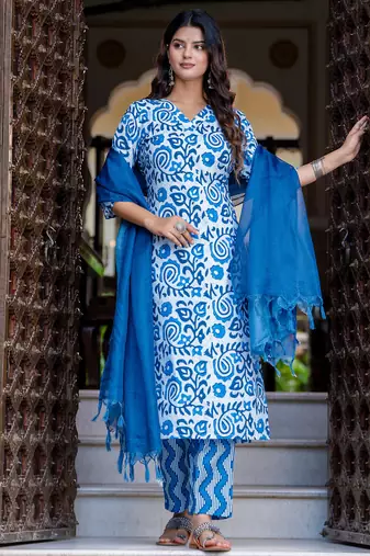 Floral printed pure cotton v neck kurta trouser and dupatta set