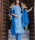 Floral printed pure cotton v neck kurta trouser and dupatta set