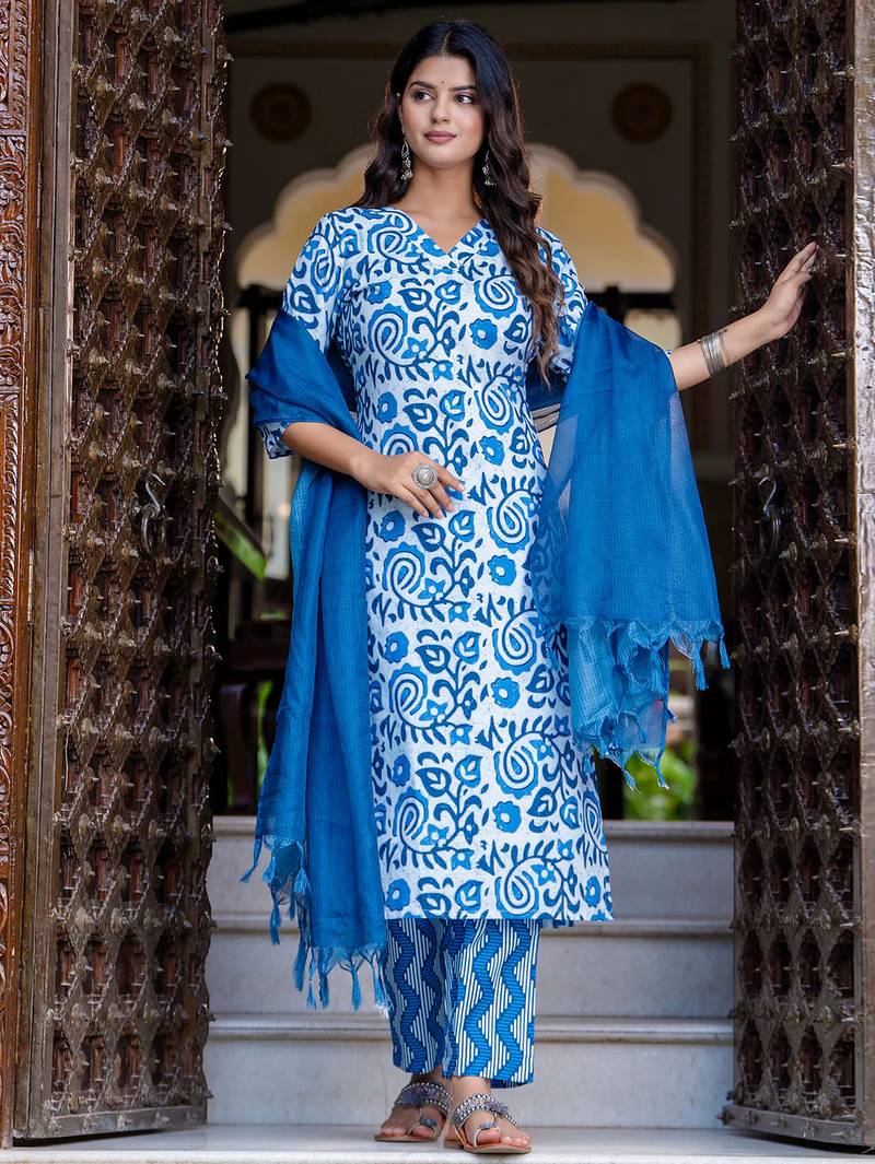 Floral printed pure cotton v neck kurta trouser and dupatta set