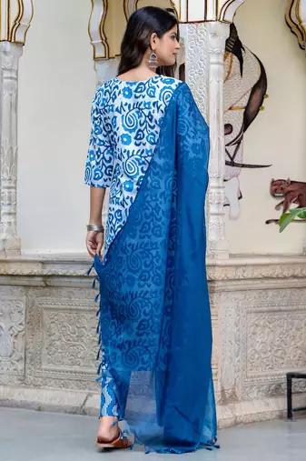 Floral printed  cotton v neck kurta trouser and dupatta set