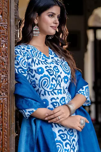 Floral printed  cotton v neck kurta trouser and dupatta set