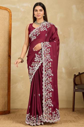 Women’s Maroon Floral Embroidered Saree