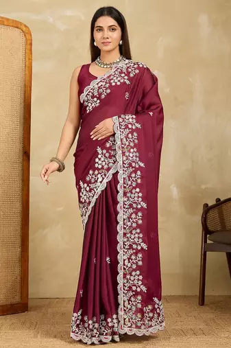 Women’s Maroon Floral Embroidered Saree
