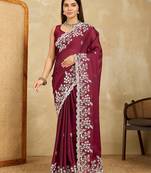 Women’s Maroon Floral Embroidered Saree