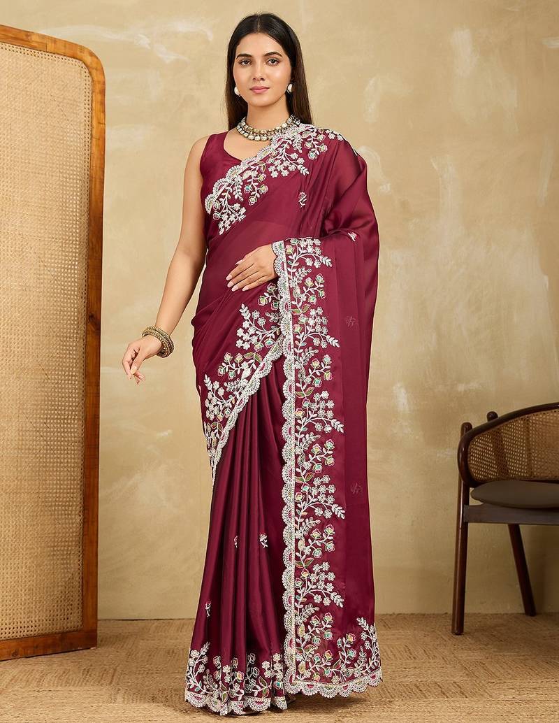 Women’s Maroon Floral Embroidered Saree