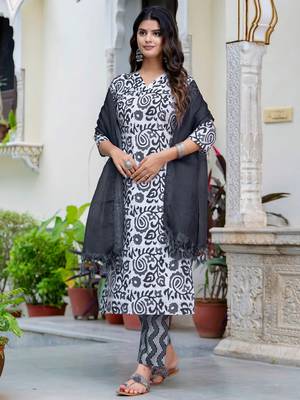 Floral printed  cotton v neck kurta trouser and dupatta set 1