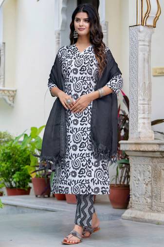 Floral printed  cotton v neck kurta trouser and dupatta set