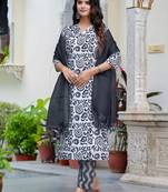 Floral printed  cotton v neck kurta trouser and dupatta set