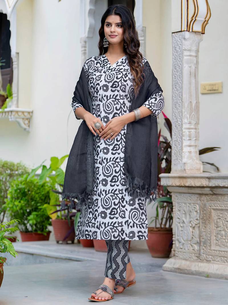 Floral printed pure cotton v neck kurta trouser and dupatta set