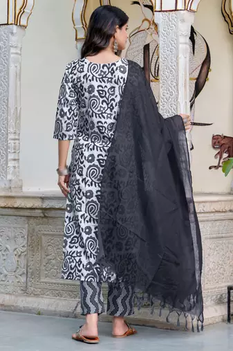 Floral printed  cotton v neck kurta trouser and dupatta set