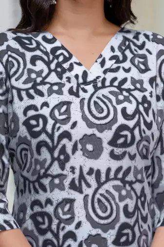 Floral printed  cotton v neck kurta trouser and dupatta set