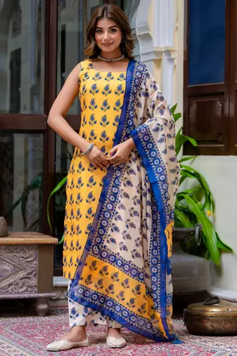 Floral printed  cotton round neck kurta trouser and dupatta set