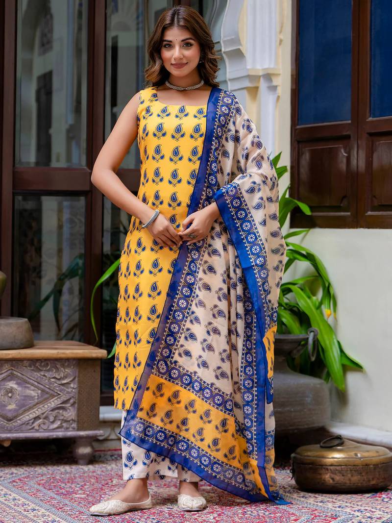 Floral printed pure cotton round neck kurta trouser and dupatta set
