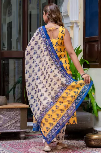 Floral printed  cotton round neck kurta trouser and dupatta set