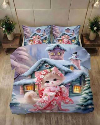 Kozy kids printed king size bedsheet with 2 pillow covers for kids room - cute-cat 1