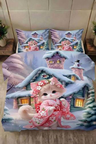 Kozy kids printed king size bedsheet with 2 pillow covers for kids room - cute-cat