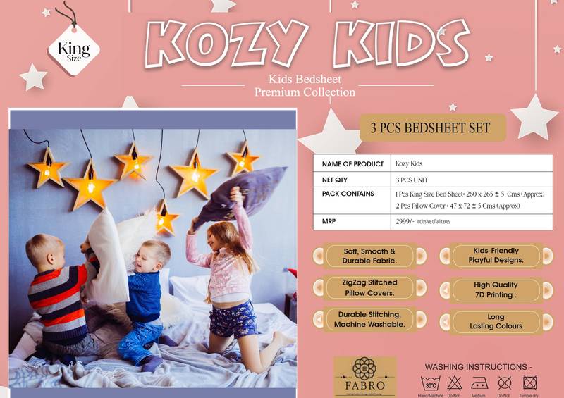 Kozy kids printed king size bedsheet with 2 pillow covers for kids room - cute-cat